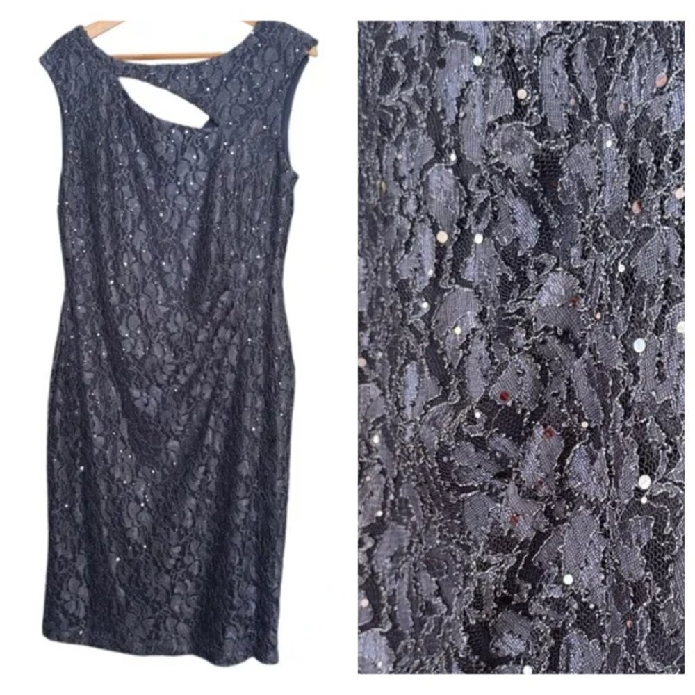 VTG Y2K Blue Lace Sequin Ruched Cutout Sheath Dress Wedding Date Night Sz12